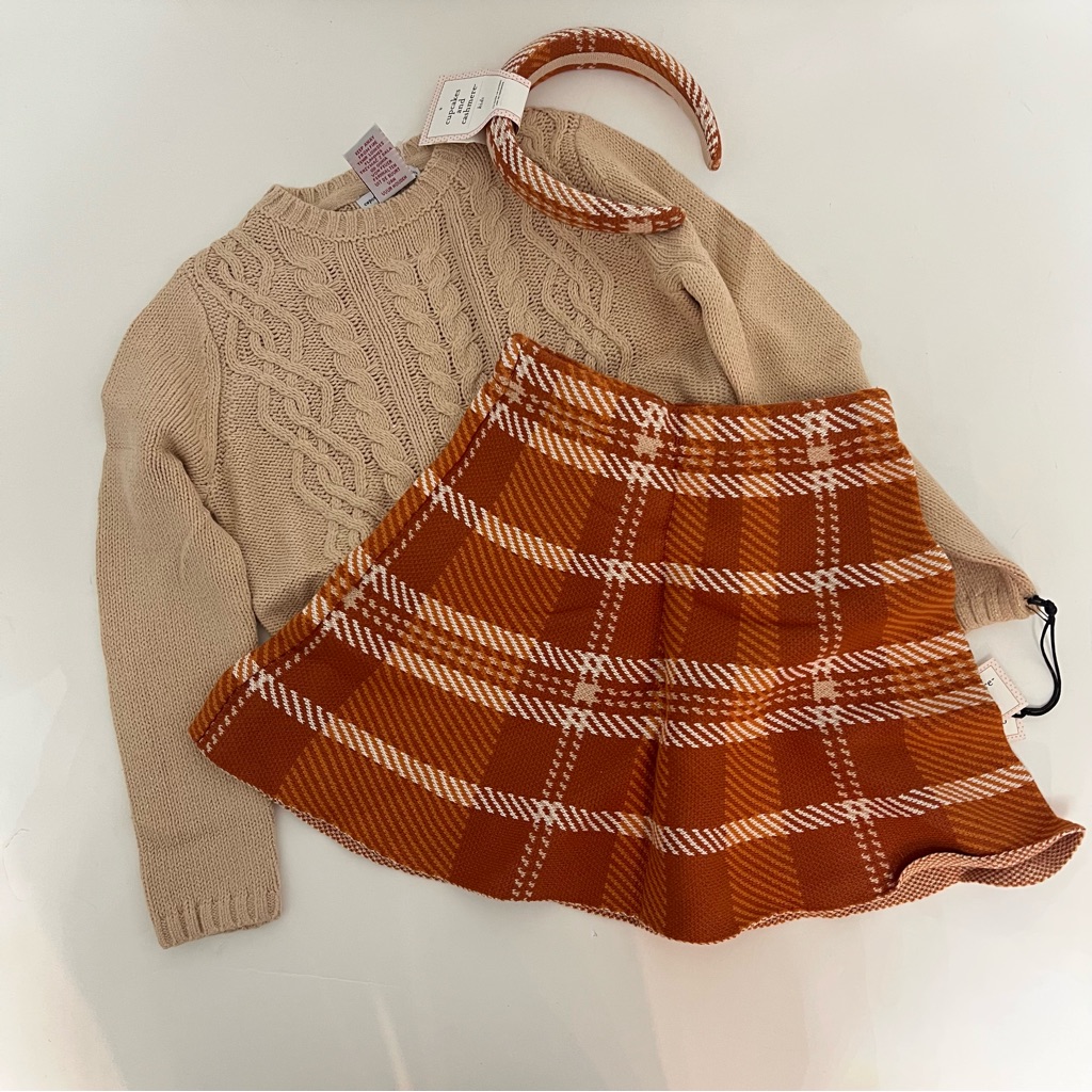 Cupcakes & Cashmere Kids Beige & Brown Cable Sweater, Plaid Skirt & Headband Set